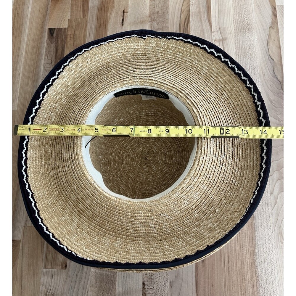 Vintage Women's Straw Boater Hat Wide Brim Blue White Grosgrain Ribbon Bow - Picture 8 of 8